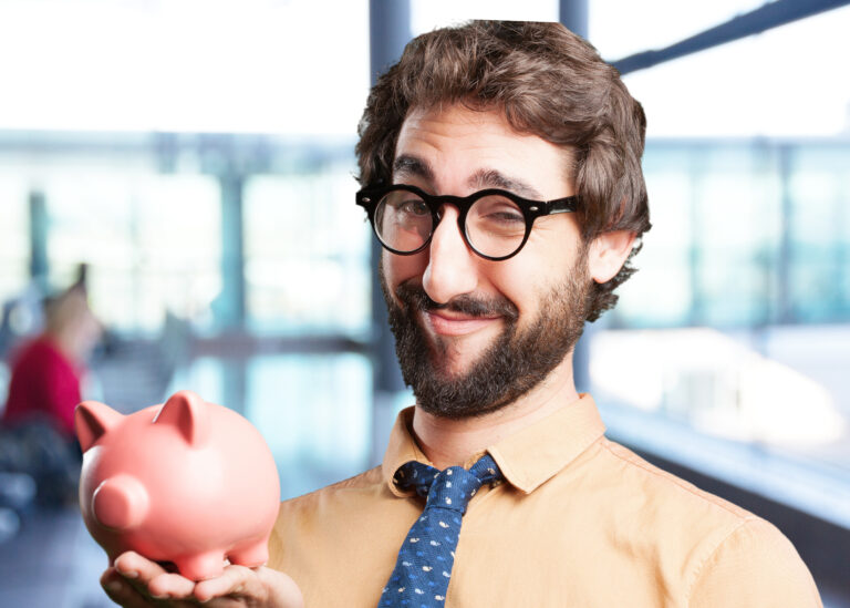 crazy man with piggy bank